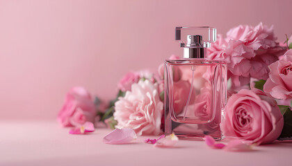 Beautiful composition with bottle of perfume and rose flowers on pink background