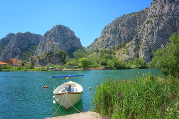 Scenic view of Omis where the Cetina river meets the Adriatic sea, Dalmatia, Croatia. Cozy town...