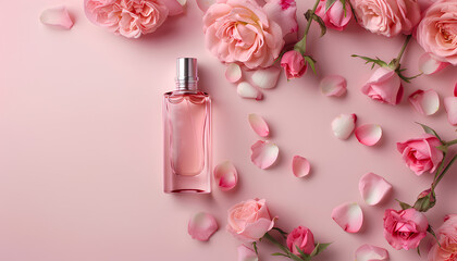 Beautiful composition with bottle of perfume and rose flowers on pink background