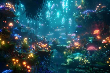 An underwater city glowing with bioluminescent plants and creatures.