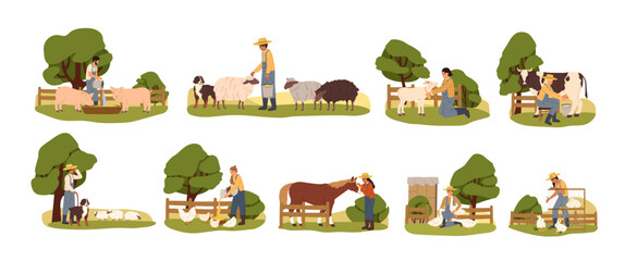 Rural farm workers caring about domestic animals. Farmers and livestock set. Feeding and breeding chickens, cow, pig, rabbits, sheep in village. Flat vector illustration isolated on white background