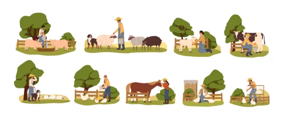 Naadloos Fotobehang Airtex Rural farm workers caring about domestic animals. Farmers and livestock set. Feeding and breeding chickens, cow, pig, rabbits, sheep in village. Flat vector illustration isolated on white background © Good Studio
