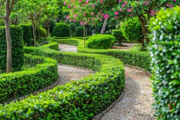 garden landscape with neatly trimmed hedges