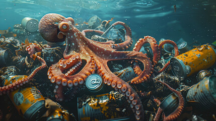 Fototapeta premium The concept of environmental pollution is represented by an iron can alongside an octopus residing at the depths of the underwater world