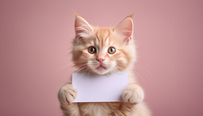 Close-up of Flulffy ginger orange kitten holding a blank card creamy peach, pastel background.