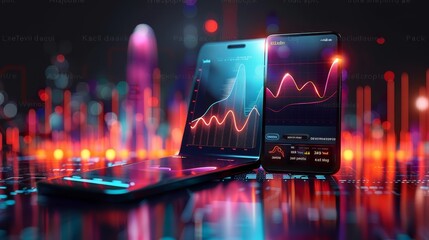 professional trading or financial portfolio management and planning for business performance growth, mobile app and screens chart analysis concept as wide banner design created by ai