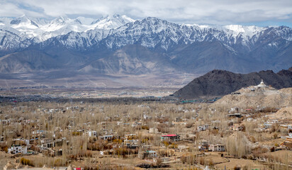 Panorama of Leh in the Ladakh region of northern India with snow-capped Himalaya Mountains
