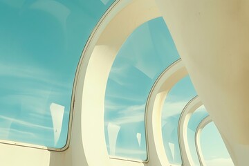 Arched windows of retrofuturism structures against a serene blue sky.