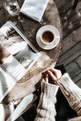 Top view of hands of woman reading a newspaper, in coffee shop.