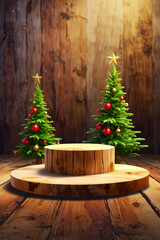 tree trunks podium with christmas background