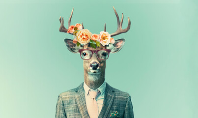 A deer wearing a floral suit and tie with glasses