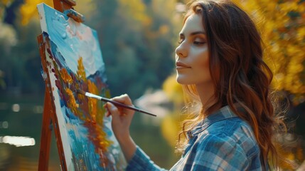 Obraz premium A woman with flowing hair and a happy facial expression is painting on an easel in a field, her mouth curved into a smile, eyelashes fluttering. The scene radiates fun and art at an outdoor event