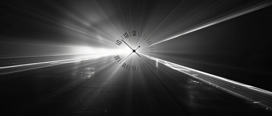 A minimalist clock face with beams of light indicating the passage of time.