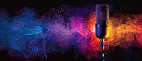 A minimalist microphone emitting vibrant sound waves, representing feedback.