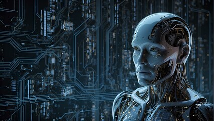 Abstract AI Concept: Humanoid Robot Amidst Digital Circuitry - Machine Learning Visualization with copy space.