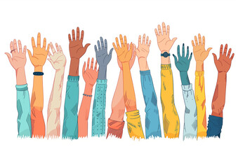 illustration of diverse hands raised in the air, symbolizing unity and support on white background.
