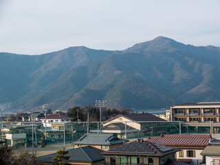 Japanese architecture and mountain scenery