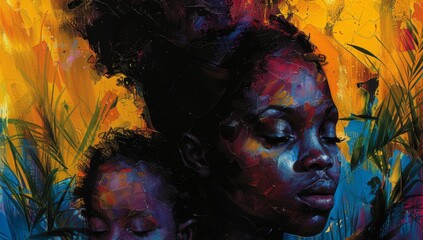 Fototapeta premium Vibrant Abstract Artwork of African American Mother and Child Embraced in Lush Jungle，maternal love, International Children's Day, love, festival poster
