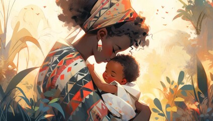 Fototapeta premium Vibrant Abstract Artwork of African American Mother and Child Embraced in Lush Jungle，maternal love, International Children's Day, love, festival poster