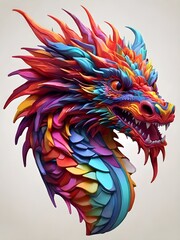 Fototapeta premium 3D vector rainbow colored, wavy fractal neon Dragon head.