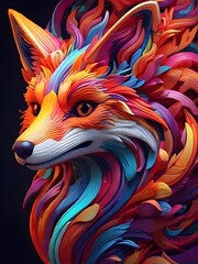 3D vector rainbow colored, wavy fractal neon Fox head.