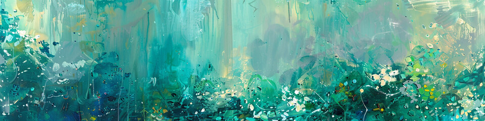 Swathes of jade and turquoise cascade down the canvas, mingling with splashes of azure and...