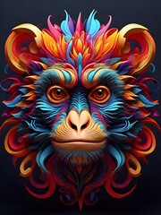 3D vector rainbow colored, wavy fractal neon Monkey head.