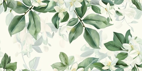Jasmine with exquisite petals, white petals with light green leaves, cute and dreamy. Light green background with soft colors