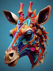 3D vector rainbow colored, wavy fractal neon Giraffe head.