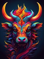 3D vector rainbow colored, wavy fractal neon Bulls head.