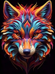 3D vector rainbow colored, wavy fractal neon wolf head.