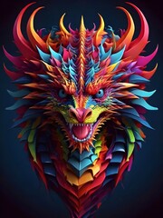 3D vector rainbow colored, wavy fractal neon Dragon head.