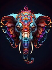 3D vector rainbow colored, wavy fractal neon Elephants head.