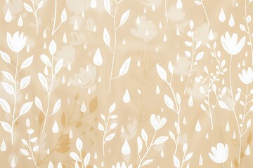Beige fabric print with white raindrops and stylized flora.