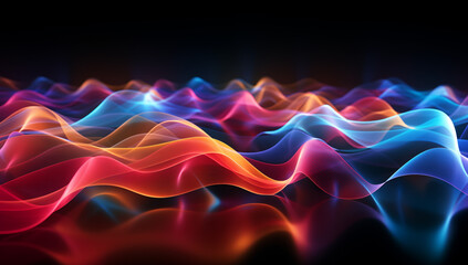 Abstract colorful sound waves on a black background with copy space for text in the style of a glowing effect.