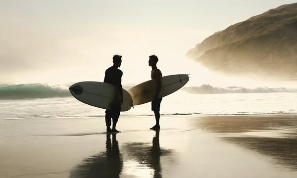 Surfers watch big breaking waves from beach after sunset surf session.