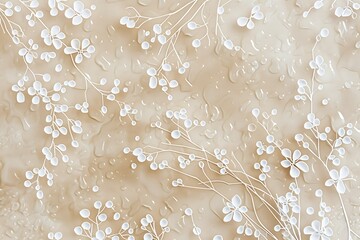 Beige stationery motif, white droplets with floral impressions.