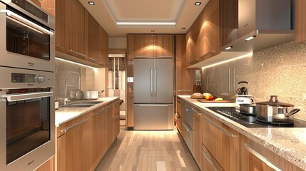3D rendering of contemporary kitchen with sleek wooden cabinets and modern appliances