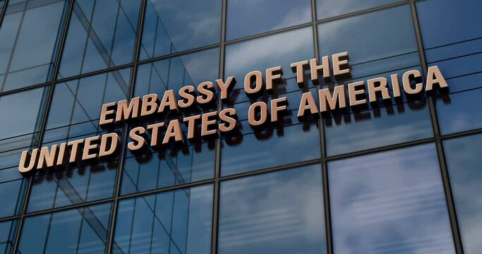 Embassy of the United States of America glass building concept. US diplomatic office symbol on front facade 3d.
