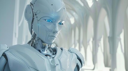 High-tech robot with a humanoid face, featuring intricate designs and blue eyes, set against a bright, modern interior.