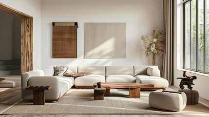 3D rendering of contemporary living room with minimalist furniture and artwork