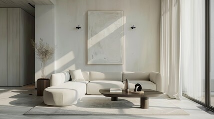 3D rendering of contemporary living room with minimalist furniture and artwork