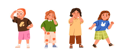 Happy children playing. Joyful funny active kids set. Cute playful preschool boys and girls running, looking, seeking, laughing, having fun. Flat vector illustrations isolated on white background