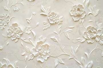 Beige wallpaper design, white droplets intermingled with floral motifs.