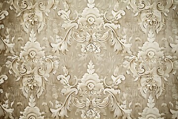 Beige wallpaper design, white droplets intermingled with floral motifs.