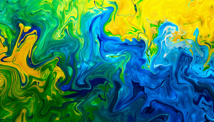 A painting of a blue and green swirl with yellow accents