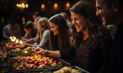 Group of People Standing Around Buffet Table