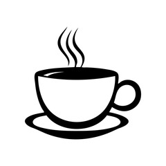 A black coffee cup with steam rising from it