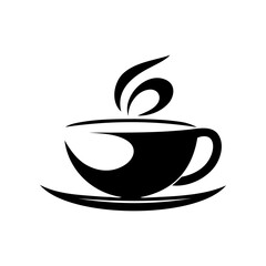 A black coffee cup with steam rising from it