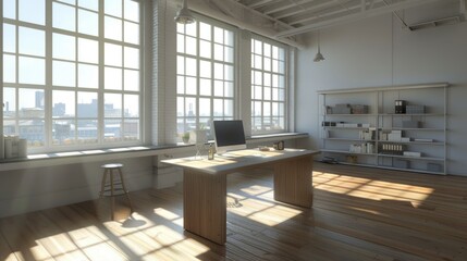 3D rendering of contemporary office space with minimalist desk and bright windows
